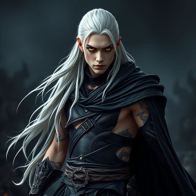 A young male Shadar-kai warlock poised in a serious battle stance, exuding an aura of mystique and power