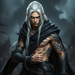 A young male Shadar-kai warlock poised in a serious battle stance, exuding an aura of mystique and power