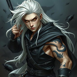 A young male Shadar-kai warlock depicted in an intense battle stance, radiating confidence and determination