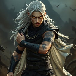 A young male Shadar-kai warlock depicted in an intense battle stance, radiating confidence and determination