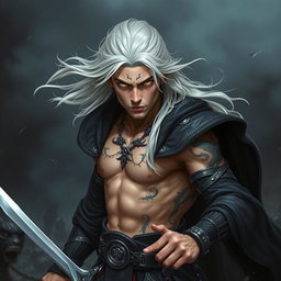 A young male Shadar-kai warlock depicted in an intense battle stance, radiating confidence and determination