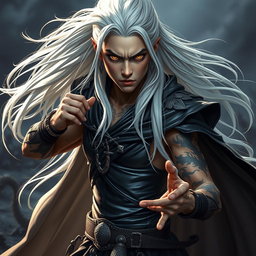 A young male Shadar-kai warlock depicted in an intense battle stance, radiating confidence and determination