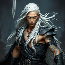 A young male Shadar-kai warlock captured in a serious battle stance, embodying a sense of urgency and prowess