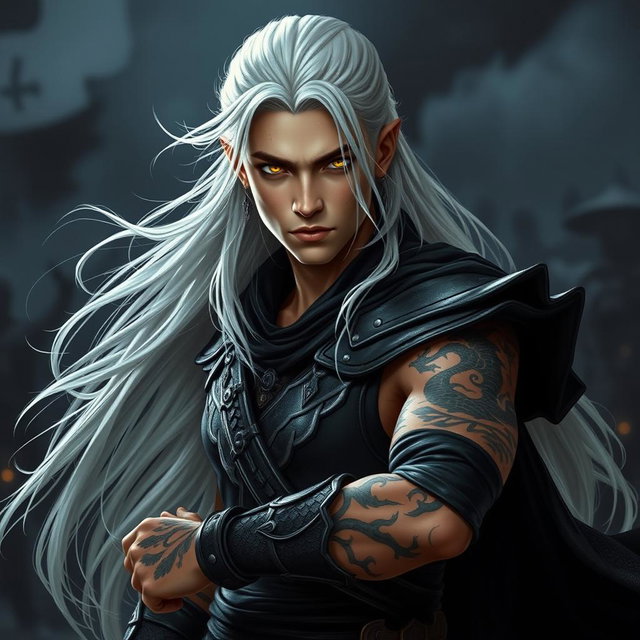 A young male Shadar-kai warlock captured in a serious battle stance, embodying a sense of urgency and prowess