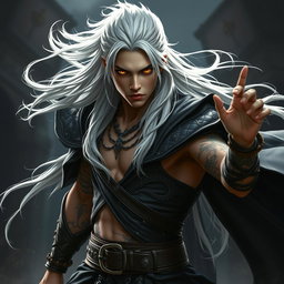 A young male Shadar-kai warlock captured in a serious battle stance, embodying a sense of urgency and prowess