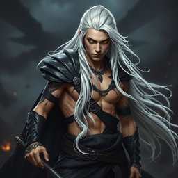 A young male Shadar-kai warlock captured in a serious battle stance, embodying a sense of urgency and prowess