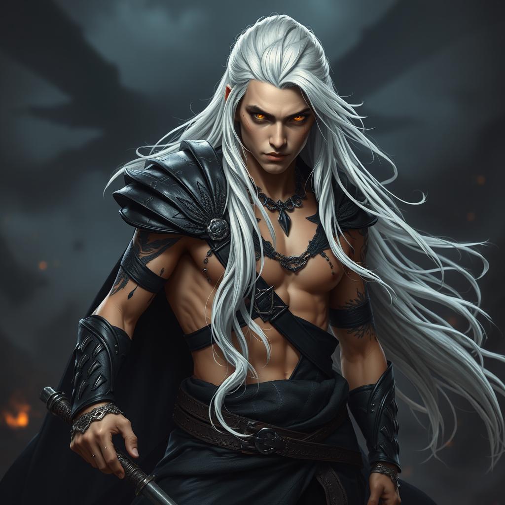 A young male Shadar-kai warlock captured in a serious battle stance, embodying a sense of urgency and prowess