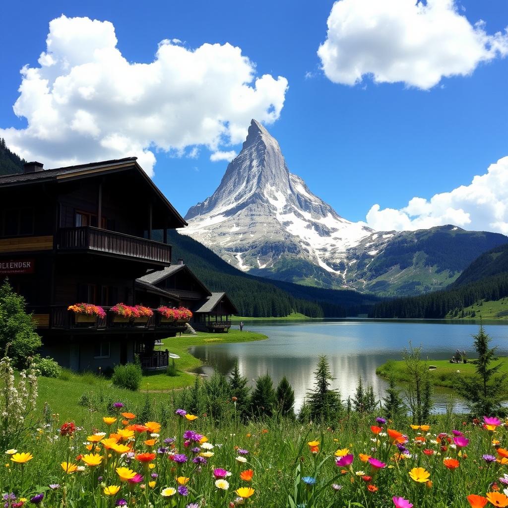 A scenic view of the iconic Matterhorn mountain in Switzerland, showcasing its sharp, pyramid-shaped peak soaring above the lush green valleys