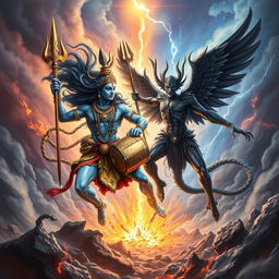 An epic battle scene between the Hindu god Shiva and the fallen angel Lucifer