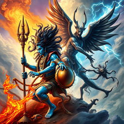 An epic battle scene between the Hindu god Shiva and the fallen angel Lucifer