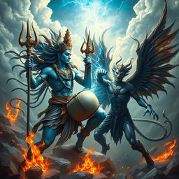 An epic battle scene between the Hindu god Shiva and the fallen angel Lucifer