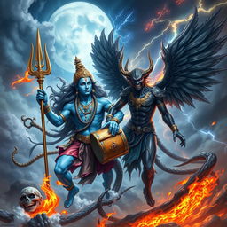 An epic battle scene between the Hindu god Shiva and the fallen angel Lucifer