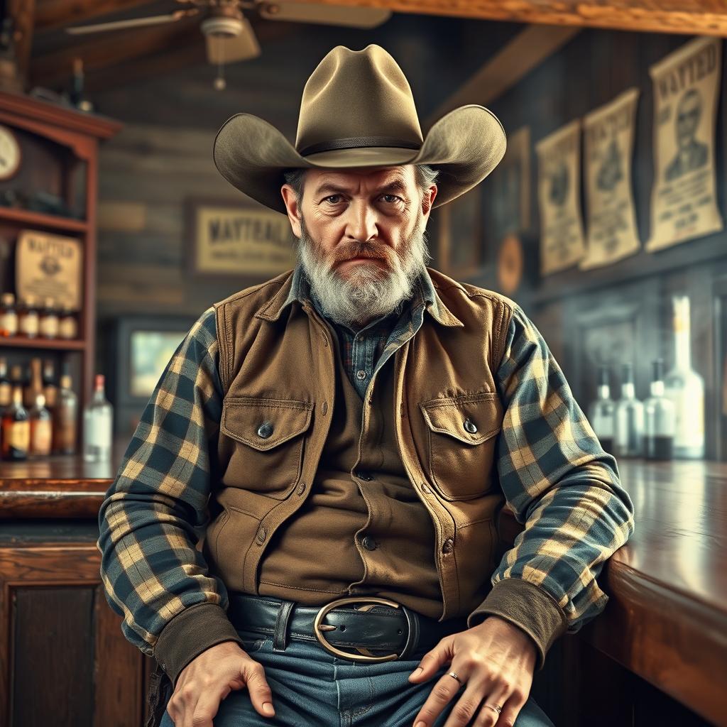 A striking image of a grizzled cowboy from the 1800s, dressed in traditional western attire, sitting at the bar in an old west saloon