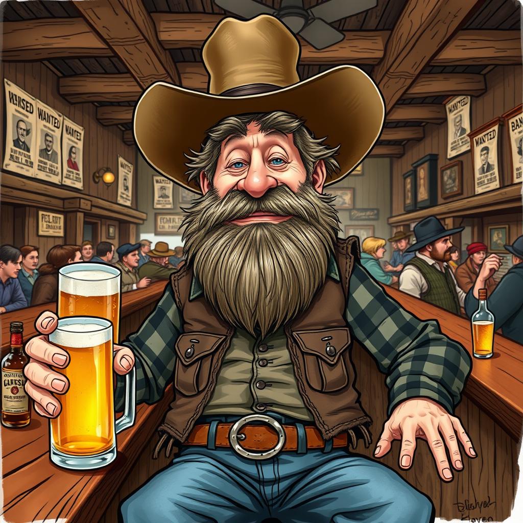 A humorous caricature of a grizzled cowboy from the 1800s, depicted with exaggerated features, sitting at a bar in an old west saloon