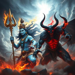 A dramatic and mythical representation of an epic battle between Shiva, the Hindu god of destruction and renewal, and Satan, the embodiment of evil in Christian theology