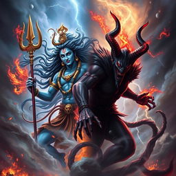 A dramatic and mythical representation of an epic battle between Shiva, the Hindu god of destruction and renewal, and Satan, the embodiment of evil in Christian theology