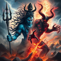 A dramatic and mythical representation of an epic battle between Shiva, the Hindu god of destruction and renewal, and Satan, the embodiment of evil in Christian theology