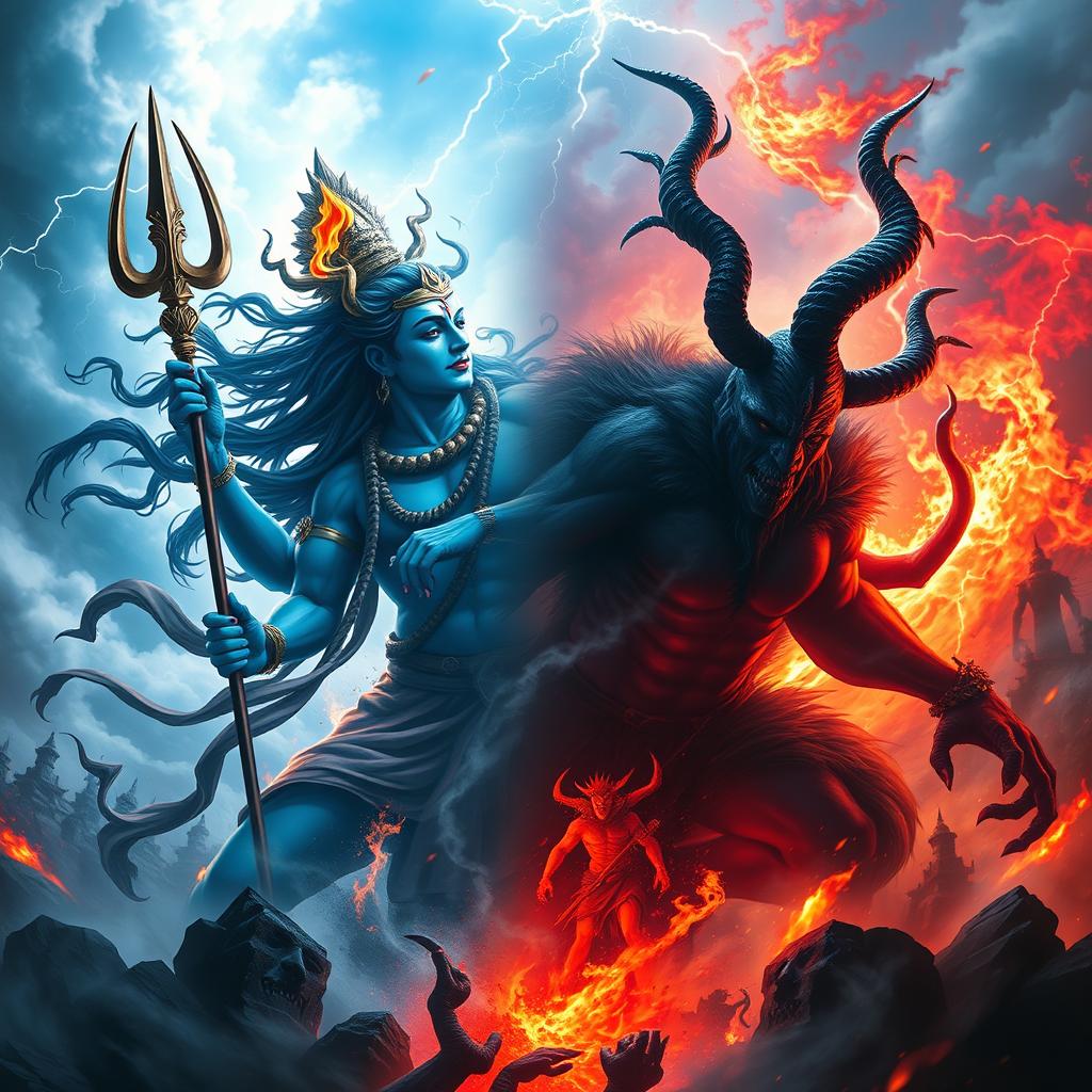 A dramatic and mythical representation of an epic battle between Shiva, the Hindu god of destruction and renewal, and Satan, the embodiment of evil in Christian theology