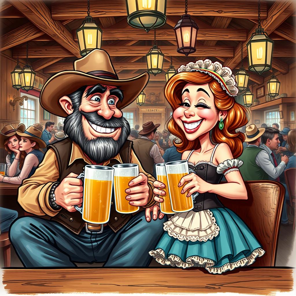 A whimsical caricature featuring a grizzled cowboy and a saloon girl from the 1800s, both dressed in period-appropriate attire, sitting together in a lively old west saloon