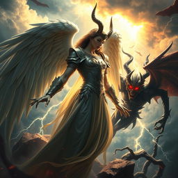 An intense and visually captivating depiction of a confrontation between Lucifer, often portrayed as the fallen angel of light, and Satan, the embodiment of ultimate evil