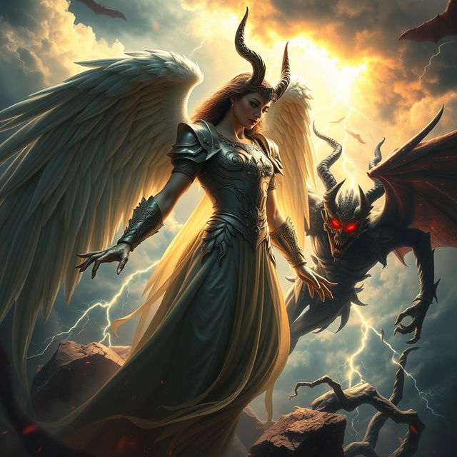 An intense and visually captivating depiction of a confrontation between Lucifer, often portrayed as the fallen angel of light, and Satan, the embodiment of ultimate evil