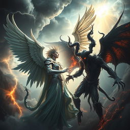 An intense and visually captivating depiction of a confrontation between Lucifer, often portrayed as the fallen angel of light, and Satan, the embodiment of ultimate evil