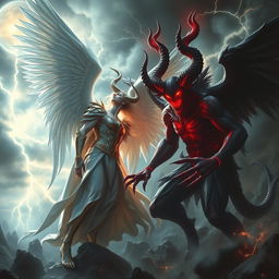 An intense and visually captivating depiction of a confrontation between Lucifer, often portrayed as the fallen angel of light, and Satan, the embodiment of ultimate evil