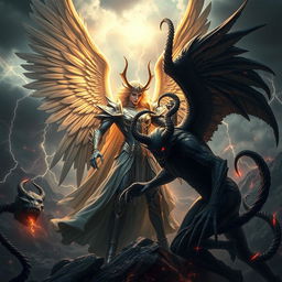 An intense and visually captivating depiction of a confrontation between Lucifer, often portrayed as the fallen angel of light, and Satan, the embodiment of ultimate evil