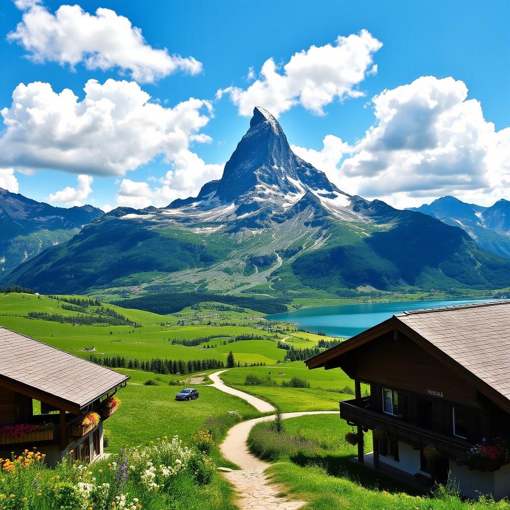 A breathtaking view of the iconic Matterhorn mountain in Switzerland, with its distinct pyramidal shape towering over a lush green valley, dotted with wildflowers