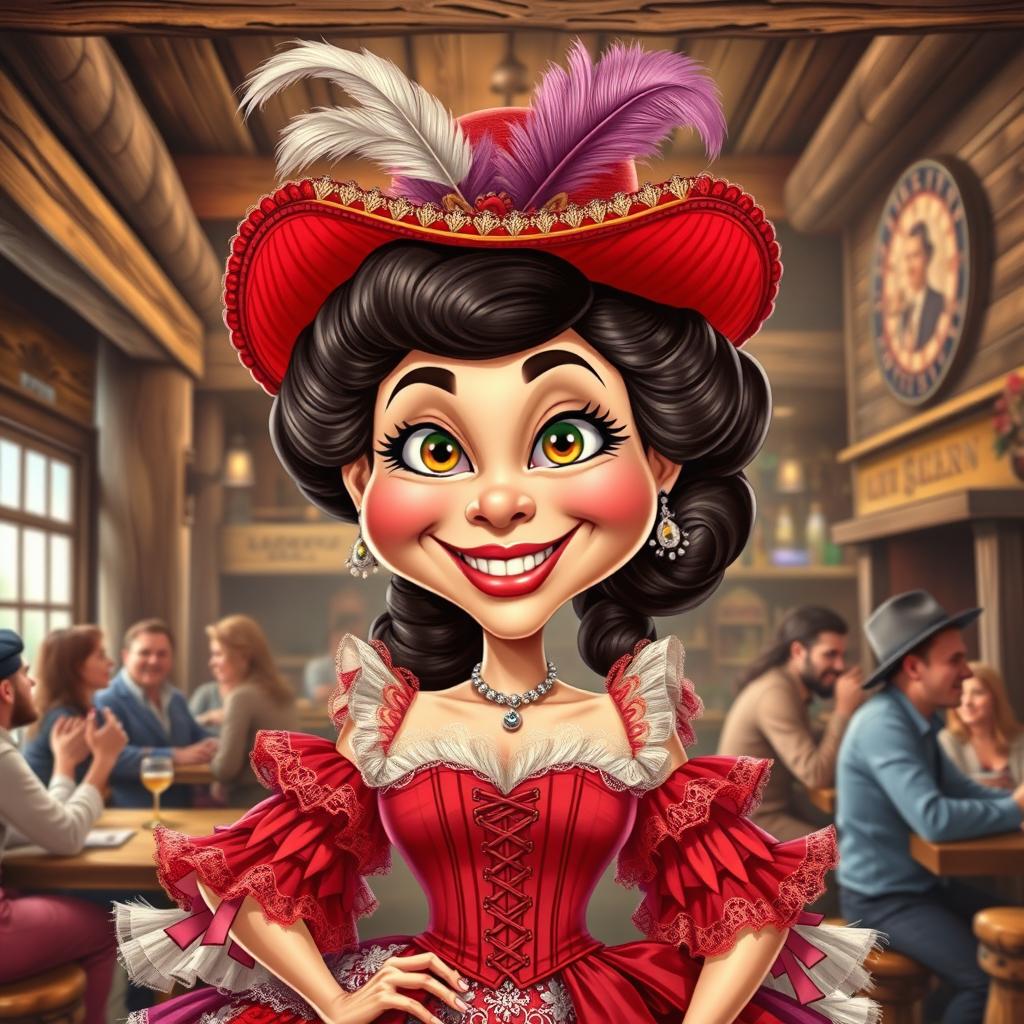 A playful caricature of a saloon girl from the 1800s, characterized by her flamboyant and colorful attire