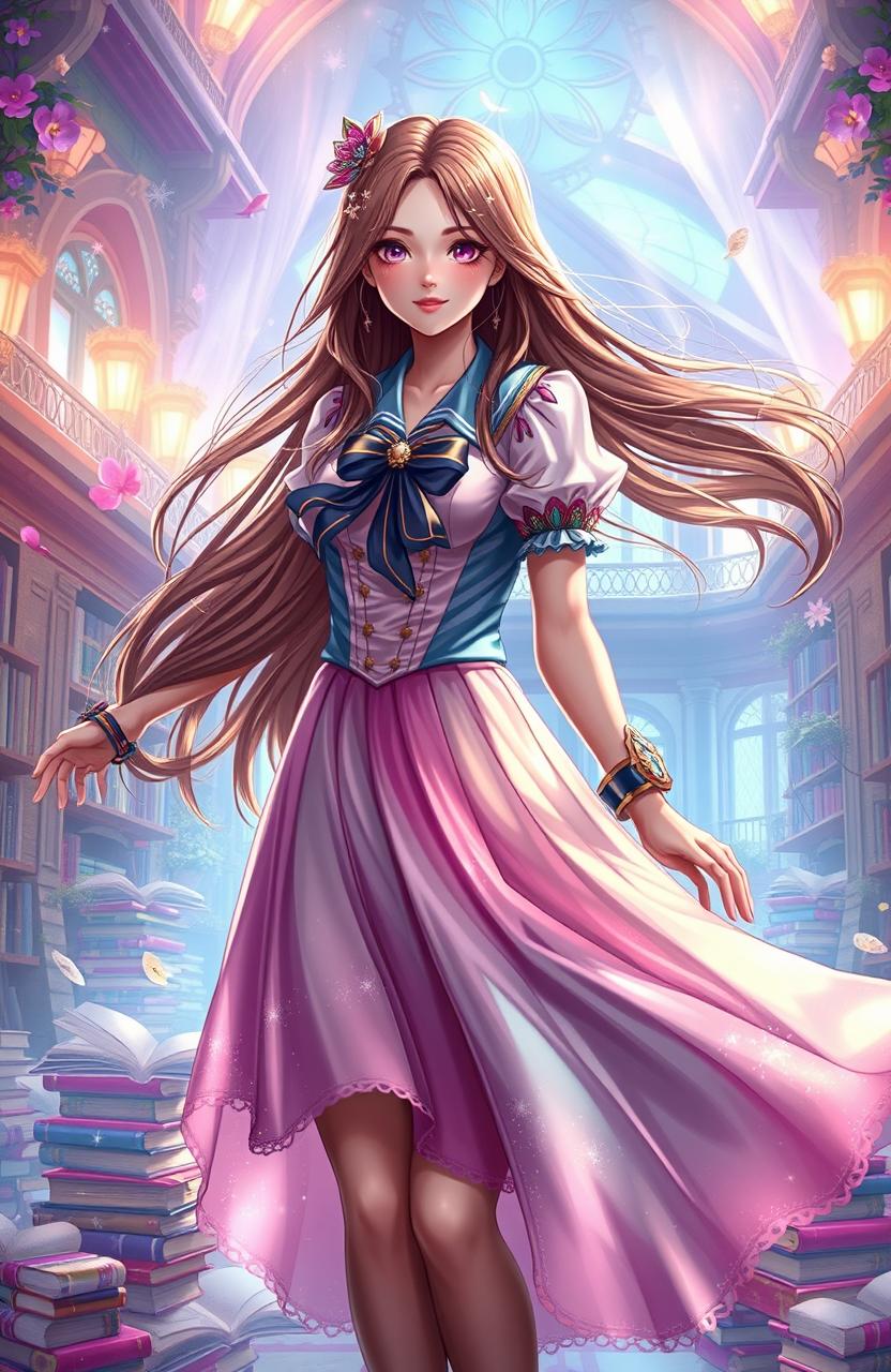 A school fantasy scene featuring a beautiful woman, embodying a magical and whimsical atmosphere
