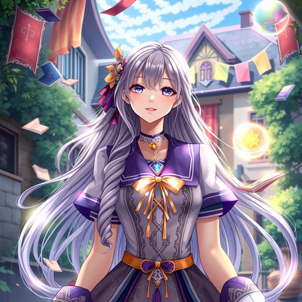 A school fantasy scene featuring a beautiful woman, adorned in a stunning and imaginative school uniform