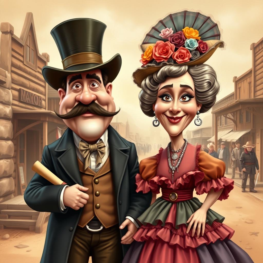 A charming caricature of an old west mayor and his wife from the 1800s, both depicted with playful exaggerated features