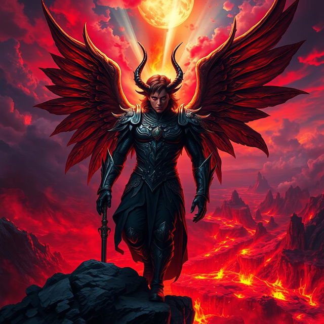 A vivid and striking portrayal of Lucifer, depicted as a captivating and charismatic figure with majestic wings