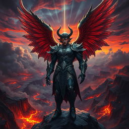 A vivid and striking portrayal of Lucifer, depicted as a captivating and charismatic figure with majestic wings