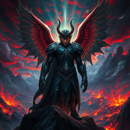 A vivid and striking portrayal of Lucifer, depicted as a captivating and charismatic figure with majestic wings