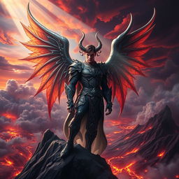 A vivid and striking portrayal of Lucifer, depicted as a captivating and charismatic figure with majestic wings