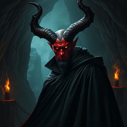 A dark and intense portrayal of Satan, depicted as a powerful figure with large, intricate horns and fiery red skin