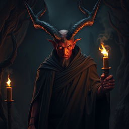 A dark and intense portrayal of Satan, depicted as a powerful figure with large, intricate horns and fiery red skin