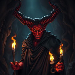 A dark and intense portrayal of Satan, depicted as a powerful figure with large, intricate horns and fiery red skin