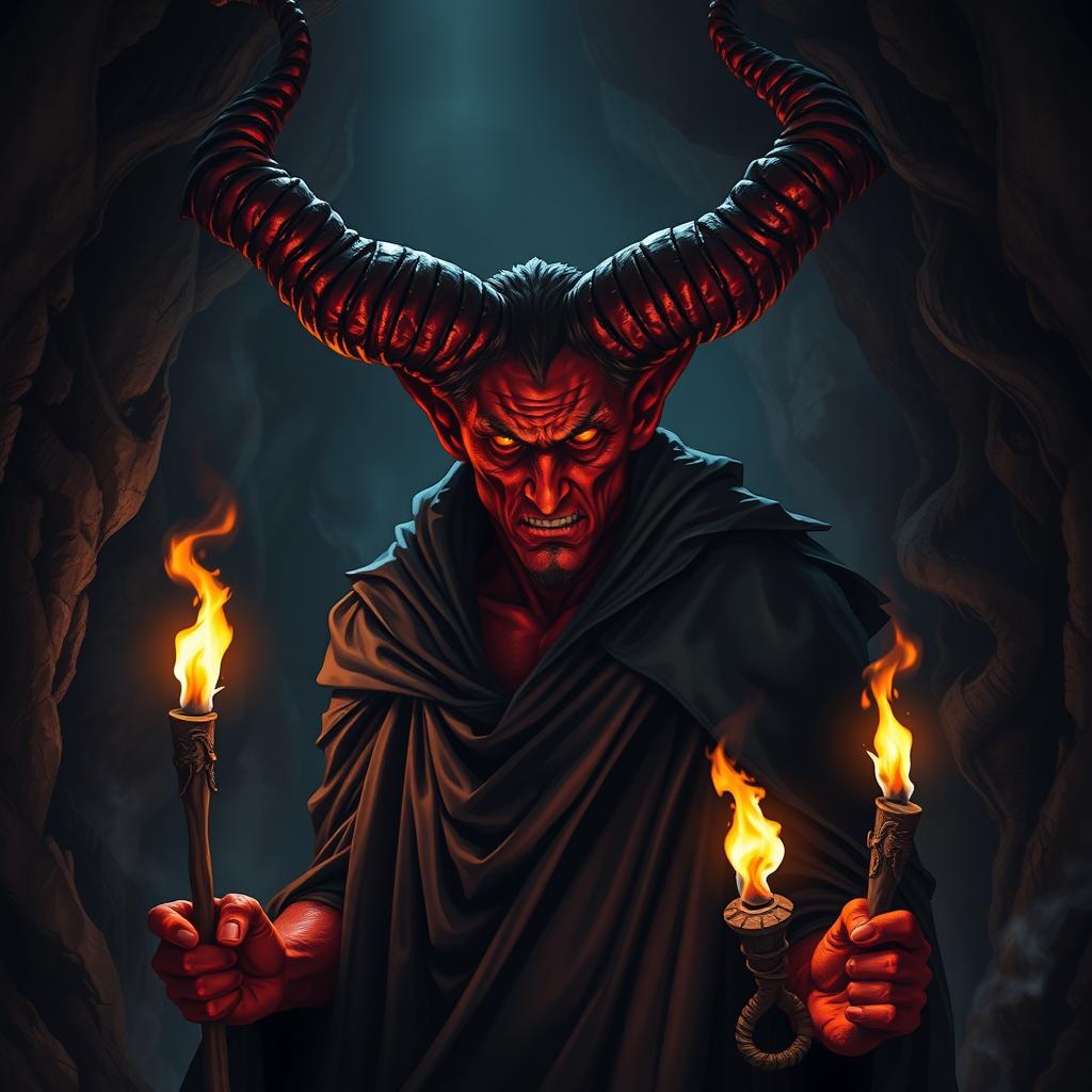 A dark and intense portrayal of Satan, depicted as a powerful figure with large, intricate horns and fiery red skin