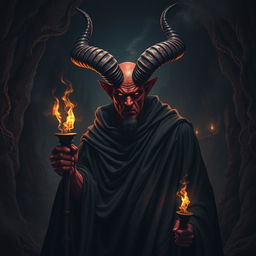 A dark and intense portrayal of Satan, depicted as a powerful figure with large, intricate horns and fiery red skin