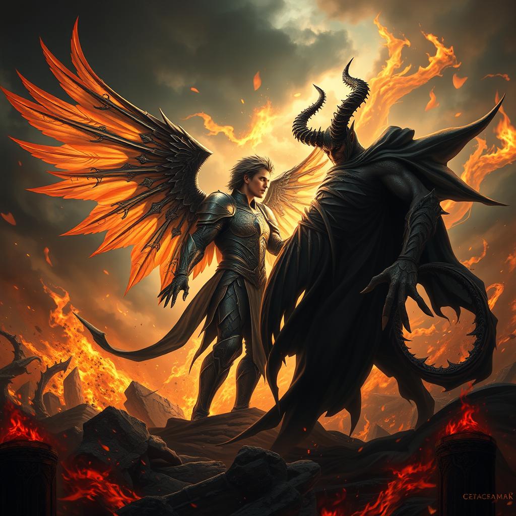 An epic and dramatic scene depicting Lucifer confronting Satan in a fiery battlefield