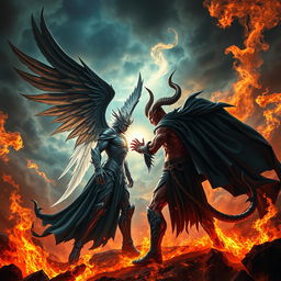 An epic and dramatic scene depicting Lucifer confronting Satan in a fiery battlefield