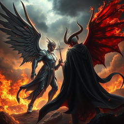 An epic and dramatic scene depicting Lucifer confronting Satan in a fiery battlefield