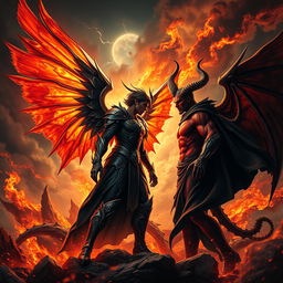 An epic and dramatic scene depicting Lucifer confronting Satan in a fiery battlefield