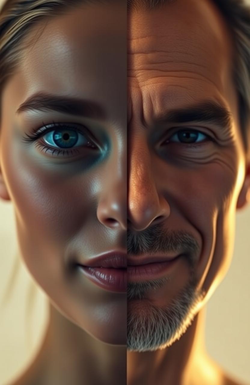 A beautifully lit portrait of a female and male face, each half representing contrasting qualities