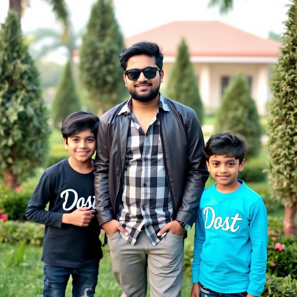 A real Indian 32-year-old man named 'Pawan' stands confidently in a park surrounded by three other similarly aged boys
