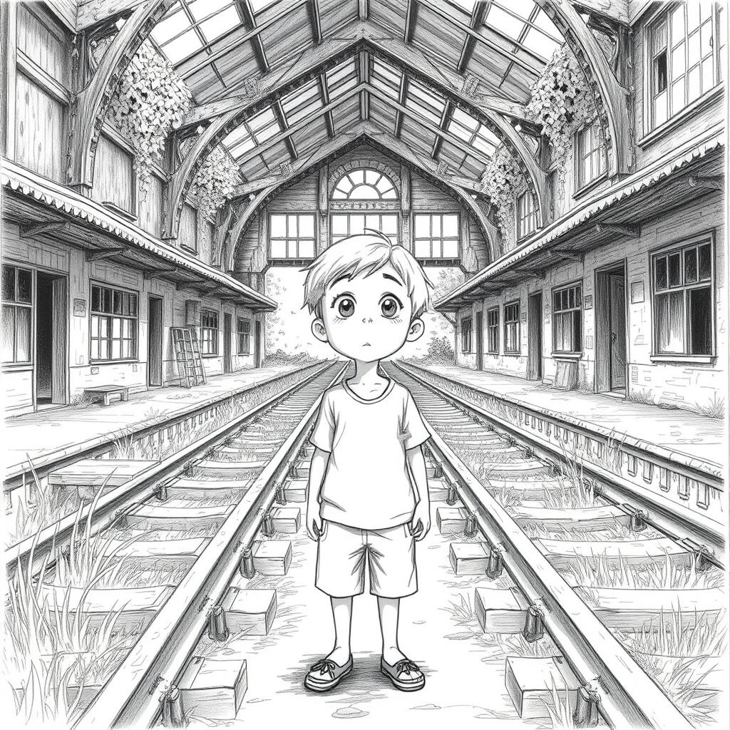 A 7-year-old blond boy standing in awe at an abandoned train station, surrounded by old, rusty train tracks and dilapidated buildings, with ivy creeping over the walls
