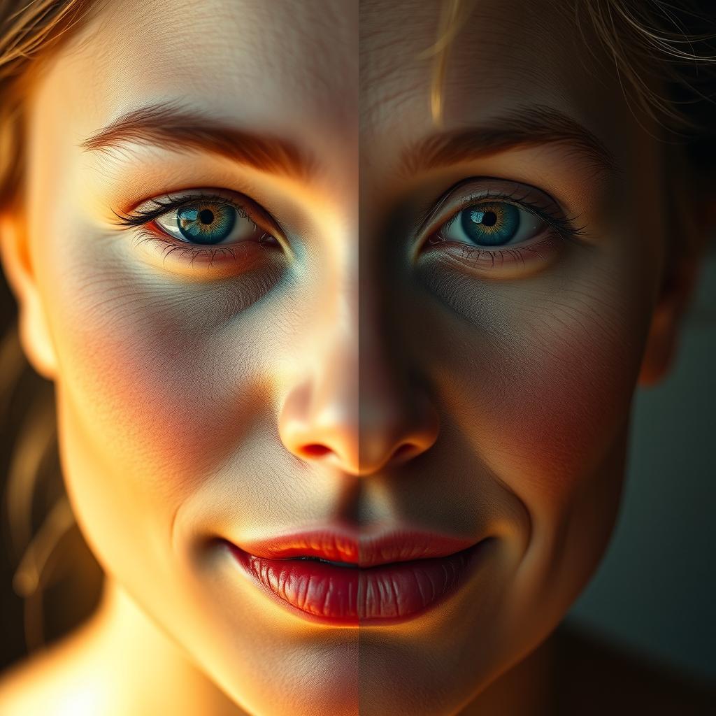 A beautifully lit portrait of a face, with one half reflecting youthfulness, featuring smooth, radiant skin and vibrant tones, while the other half showcases a healthy, timeless glow with subtle, mature features
